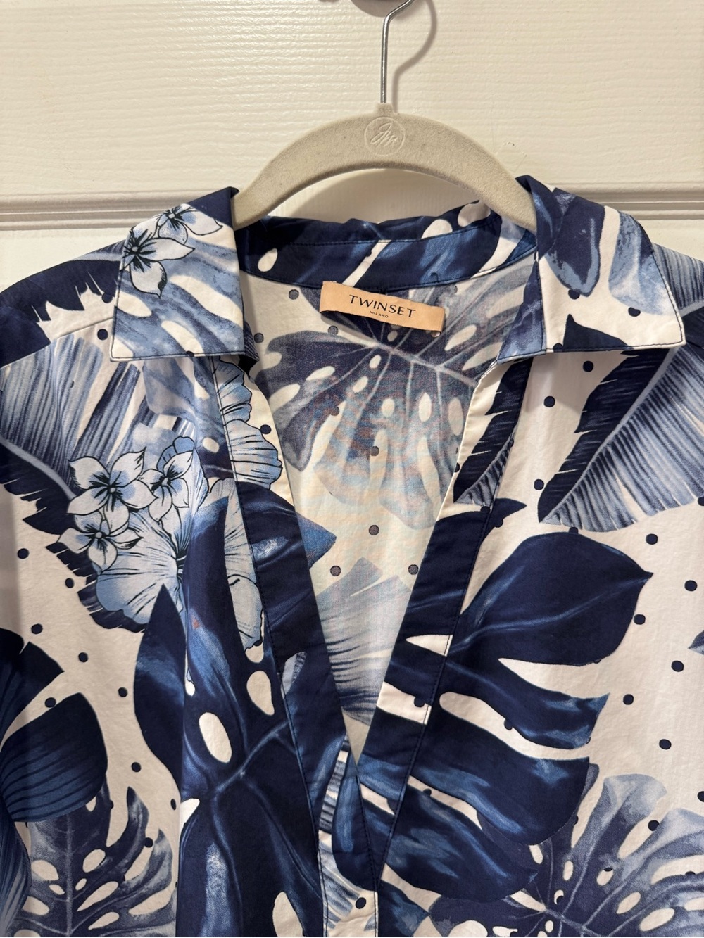 Twinset Milano Blue White Palm Leaf Print Poplin Shirt Mini Dress 46 - Picture 8 of 16